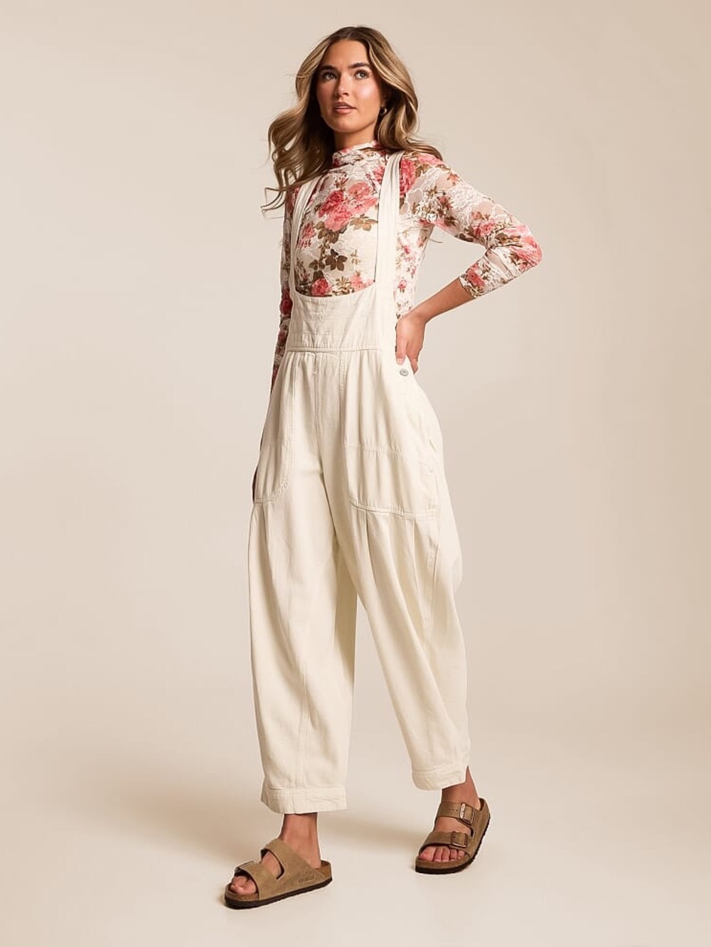 NWT FREE PEOPLE WE THE FREE Felix Terry Overalls | Tea/Ivory MSRP $168 Oversized - Picture 4 of 8